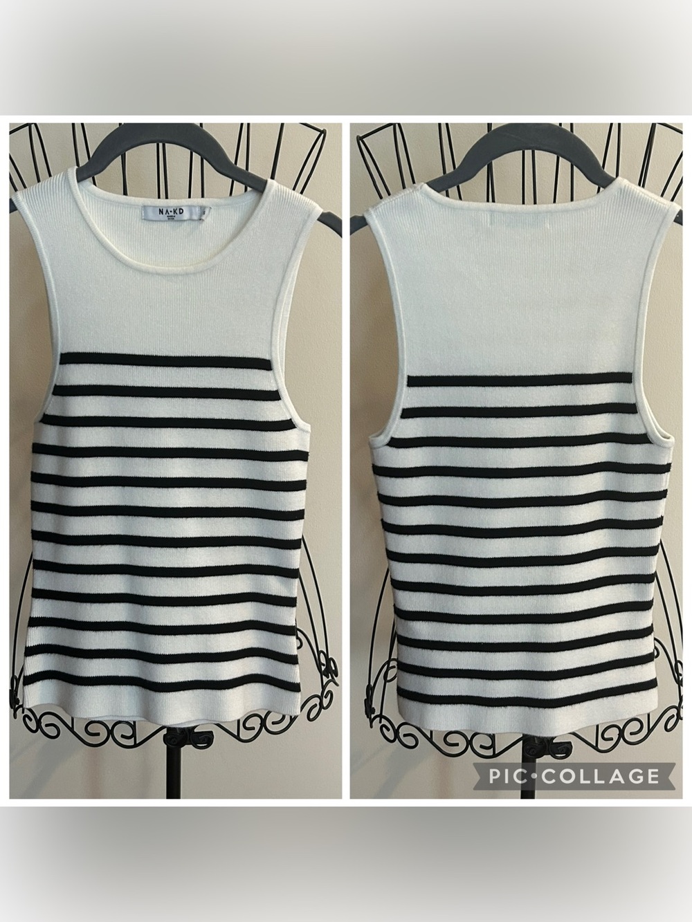Na-kd White & Black Striped Sleeveless Knit Sweater Top